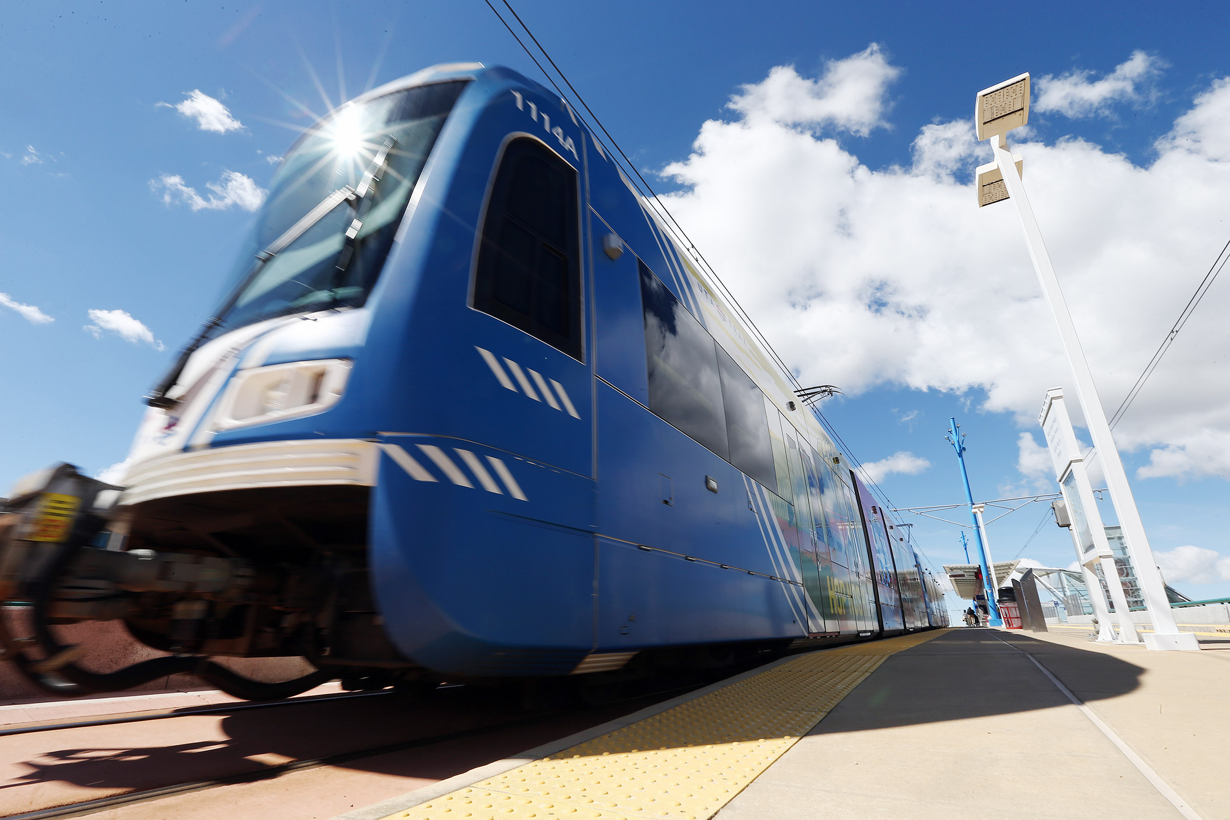 A TRAX train moves through Salt Lake City on Tuesday, April 4, 2017. Utah Transit Authority officials said rail replacement on TRAX red line near Rice-Eccles Stadium is expected to lead to TRAX and traffic delays and noise at times between Wednesday and Aug. 22.