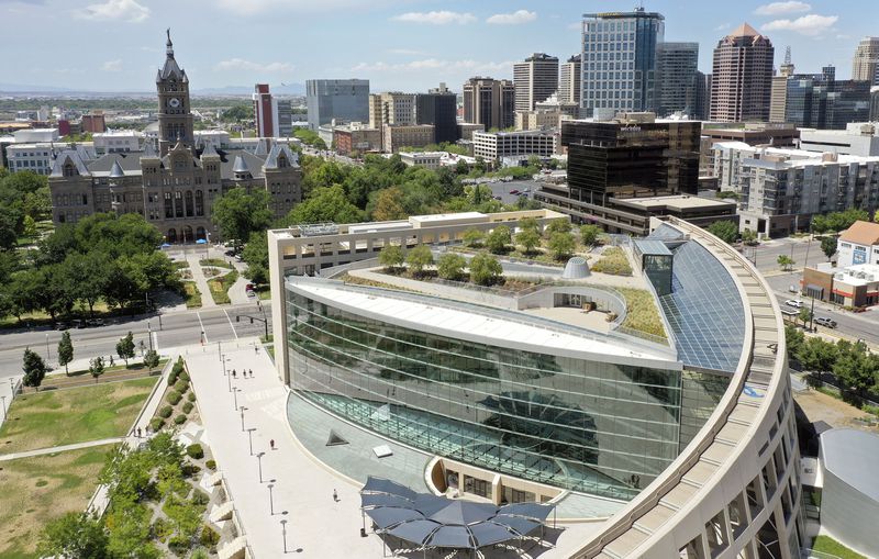 A green roof, which can help mitigate heat islands, is
pictured on the Salt Lake City Public Library in Salt Lake City on
Tuesday, July 27, 2021.