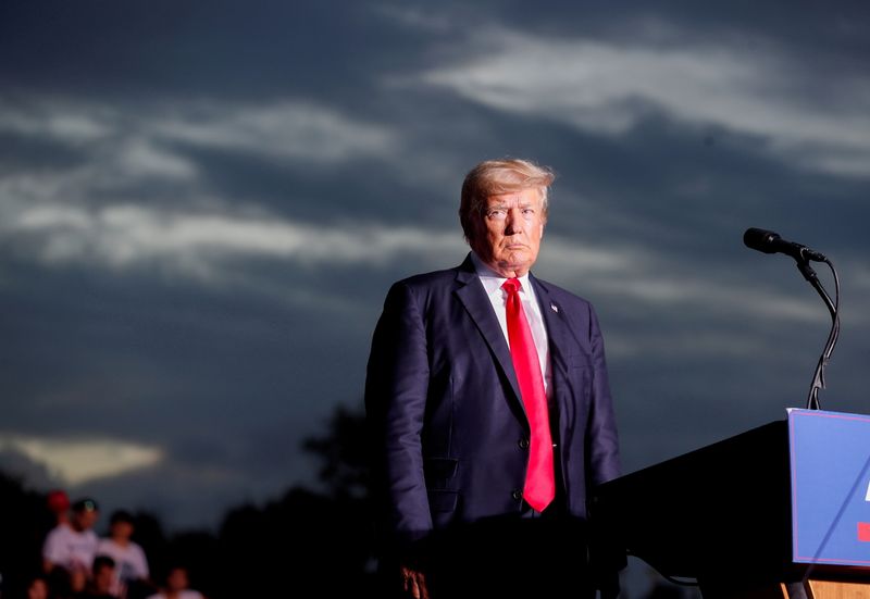 Former President Donald Trump speaks to his supporters during the Save America Rally at the Sarasota Fairgrounds in Sarasota, Florida, U.S. July 3, 2021. On Wednesday he challenged in court last week's U.S. Justice Department order to turn his tax returns over to a House committee.