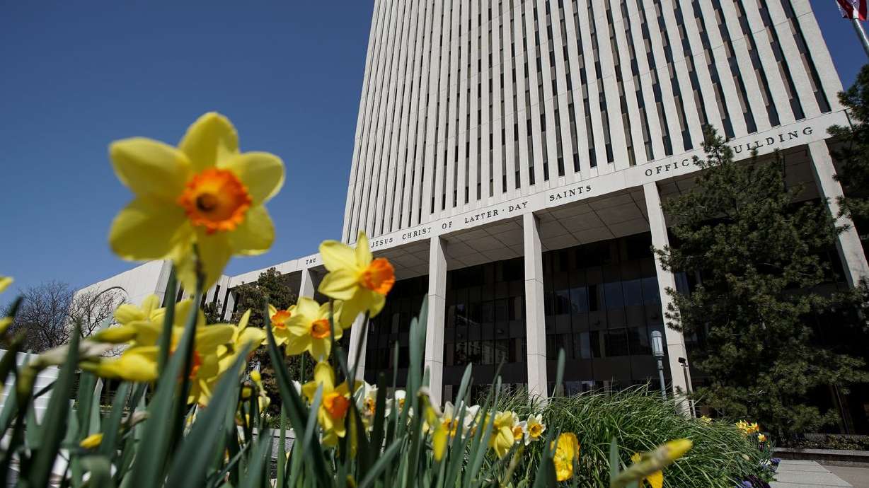 The Church Office Building of The Church of Jesus Christ of Latter-day Saints is pictured in April 2020, in Salt Lake
City. The church released new updates to its General Handbook on Wednesday.