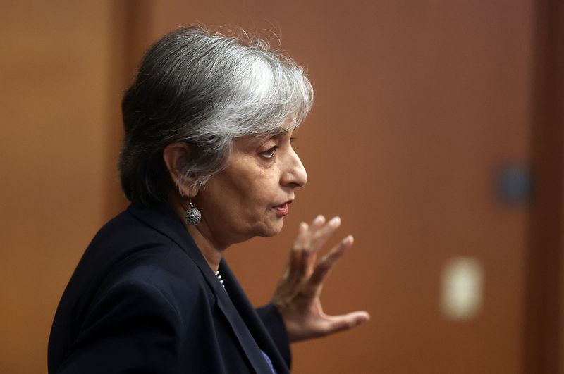 University of Utah presidential candidate Jayathi Y.
Murthy answers questions as she meets with campus constituents in
the Marriott Library in Salt Lake City on Wednesday, Aug. 4, 2021.
Murthy is the current Ronald and Valerie Sugar dean of the UCLA
Henry Samueli School of Engineering and Applied Science at the
University of California, Los Angeles.