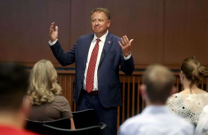 University of Utah presidential candidate Taylor R.
Randall meets with campus constituents in the Marriott Library in
Salt Lake City on Wednesday, Aug. 4, 2021. Randall is the dean of
the U.’s David Eccles School of Business.