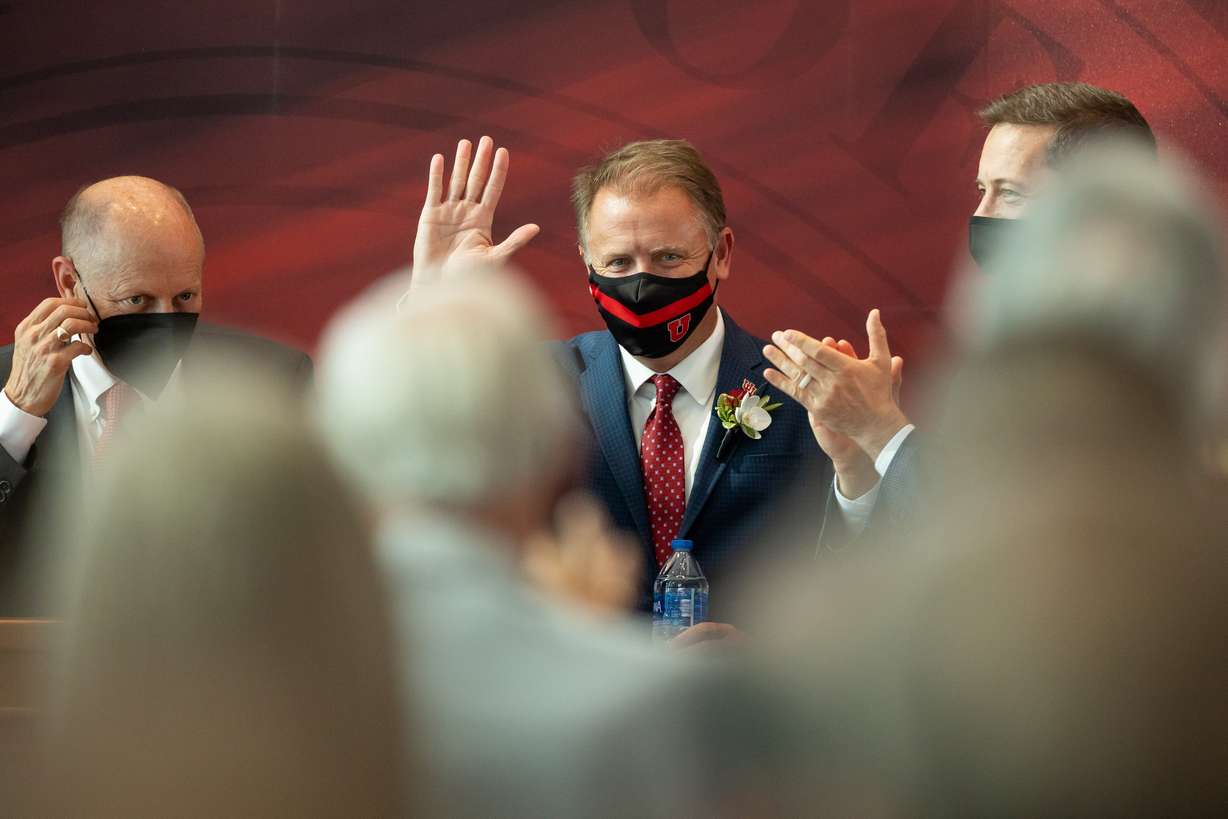 Taylor R. Randall waves after being named the next president of the University of Utah at Rice-Eccles Stadium in Salt Lake City on Thursday.