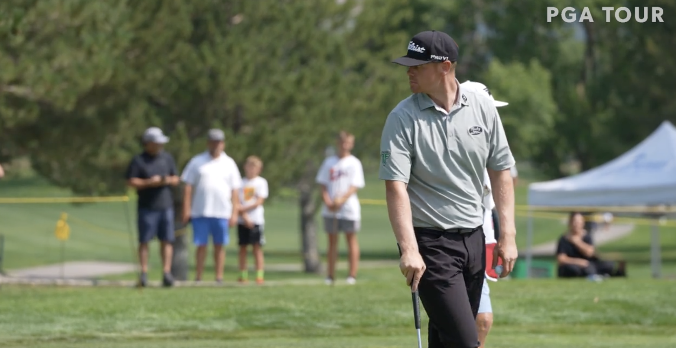 Former BYU golfer and Fremont High alum Patrick Fishburn looks to the crowd during the first round of the Utah Championship, Thursday, Aug. 5, 2021 at Oakridge Country Club in Farmington.