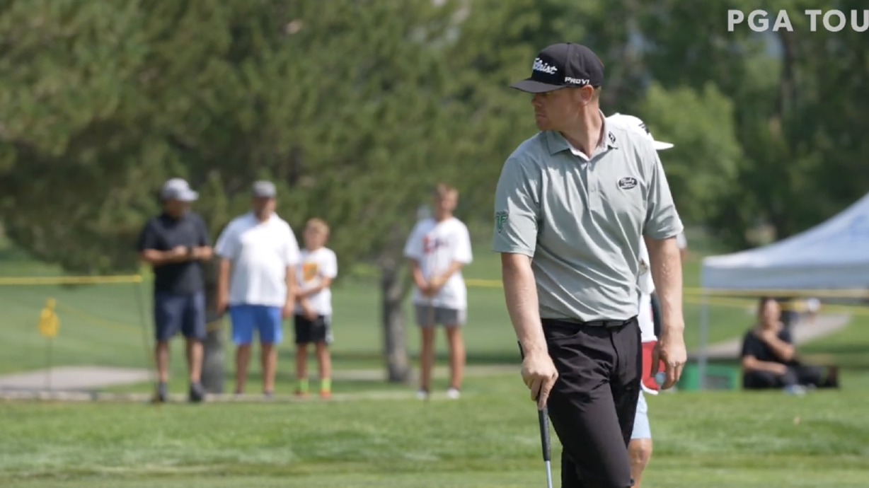 Former BYU golfer and Fremont High alum Patrick Fishburn looks to the crowd during the first round of the Utah Championship, Thursday, Aug. 5, 2021 at Oakridge Country Club in Farmington.