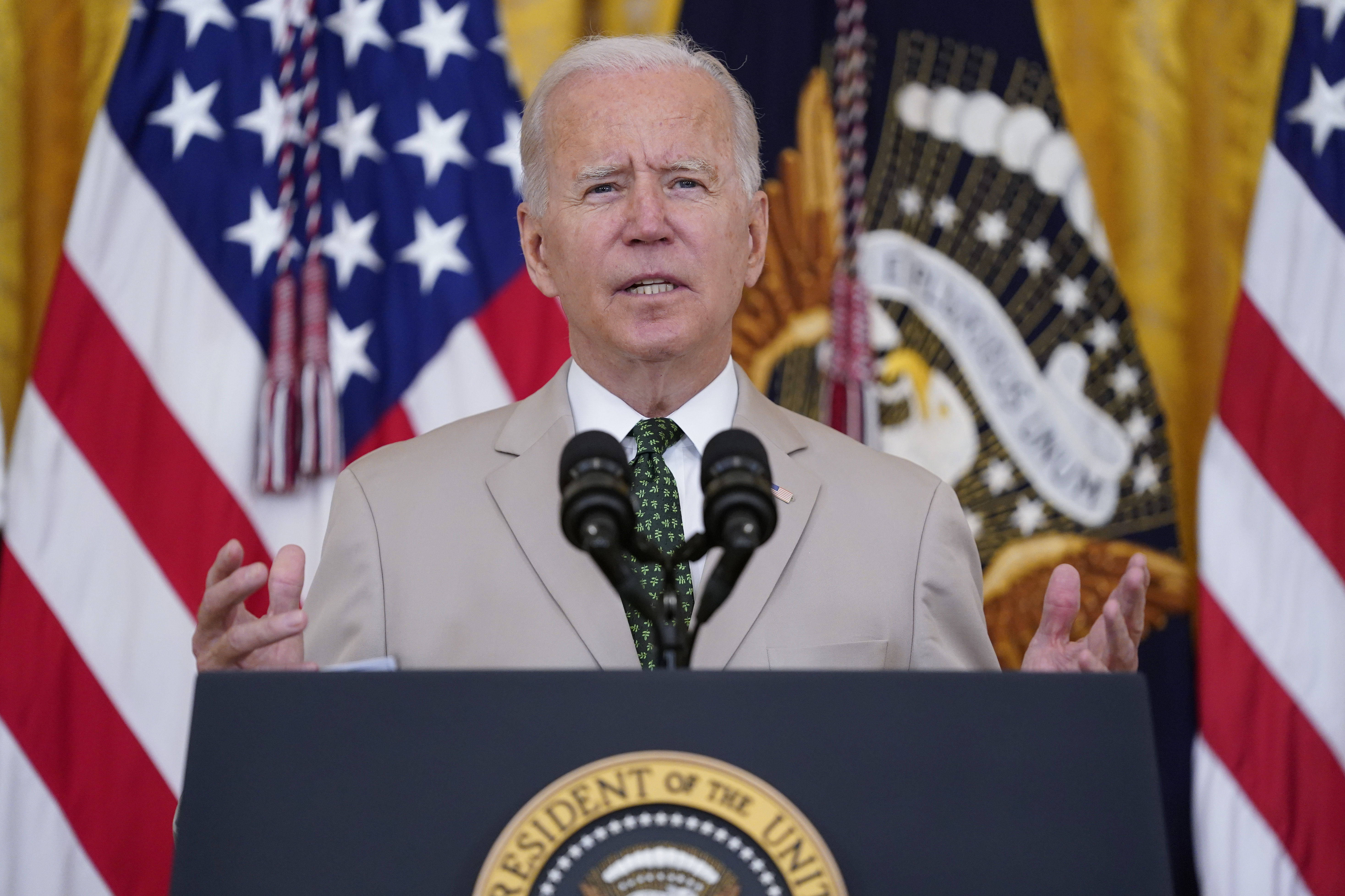 President Joe Biden speaks about the July jobs report during an event in the East Room of the White House, Friday, Aug. 6, 2021, in Washington.