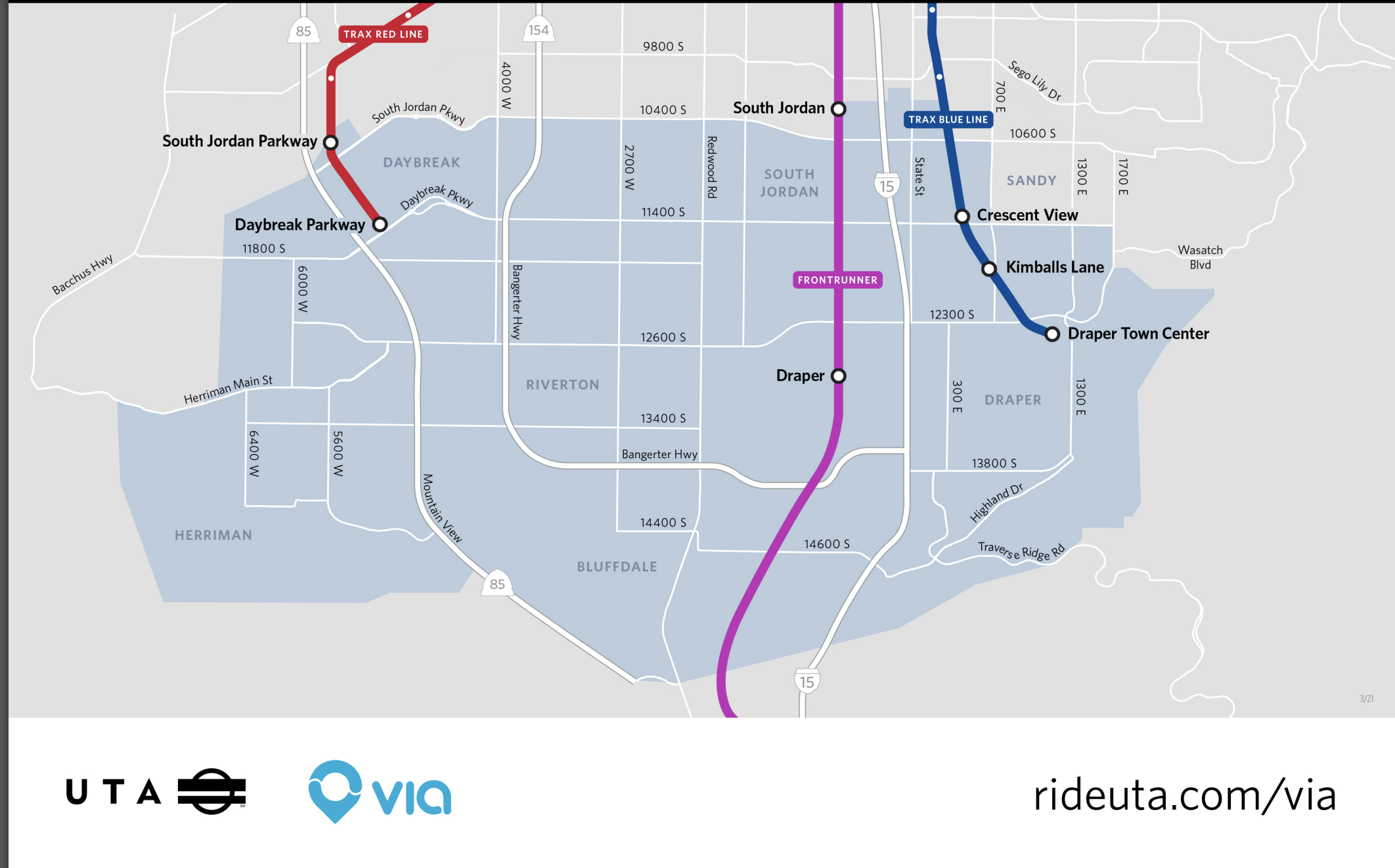 This map shows the "UTA on Demand" service map in southern Salt Lake County that will begin regular service on Sunday.
