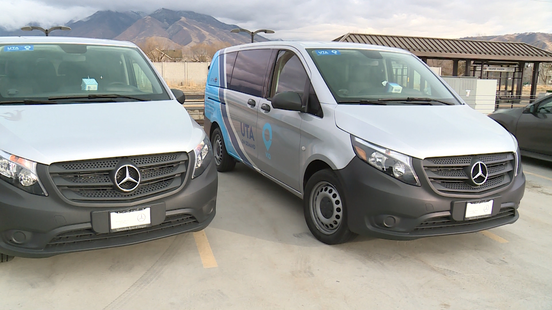 A pair of UTA on Demand vans parked outside Draper Station after Utah Transit Authority launched the on-demand pilot program on Nov. 22, 2019. The program became a permanent public transit fixture in 2021.