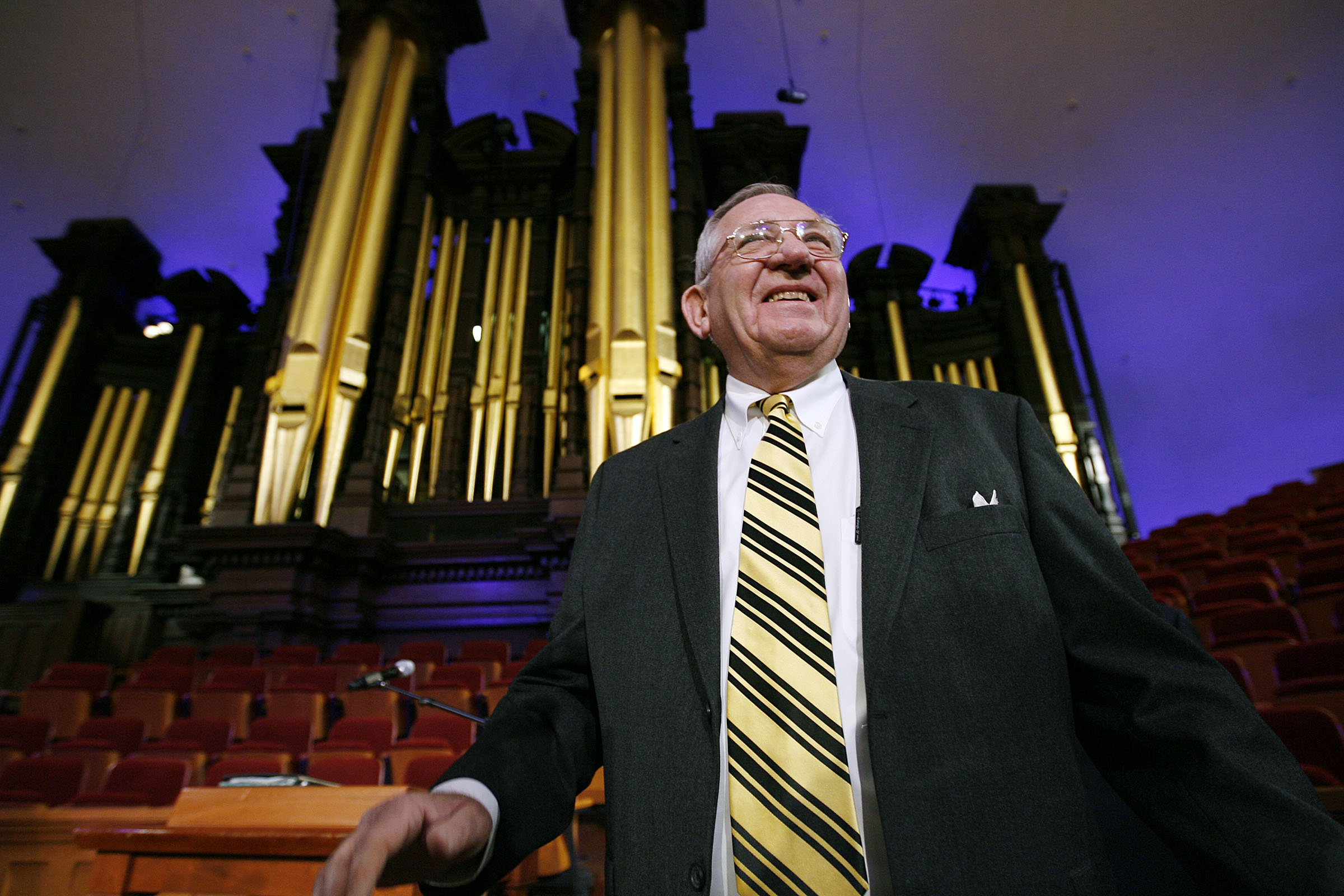 Choir President Mac Christensen laughs with the press prior to the announcement of Mack Wilberg as the new Music Director of the Tabernacle Choir in 2008.