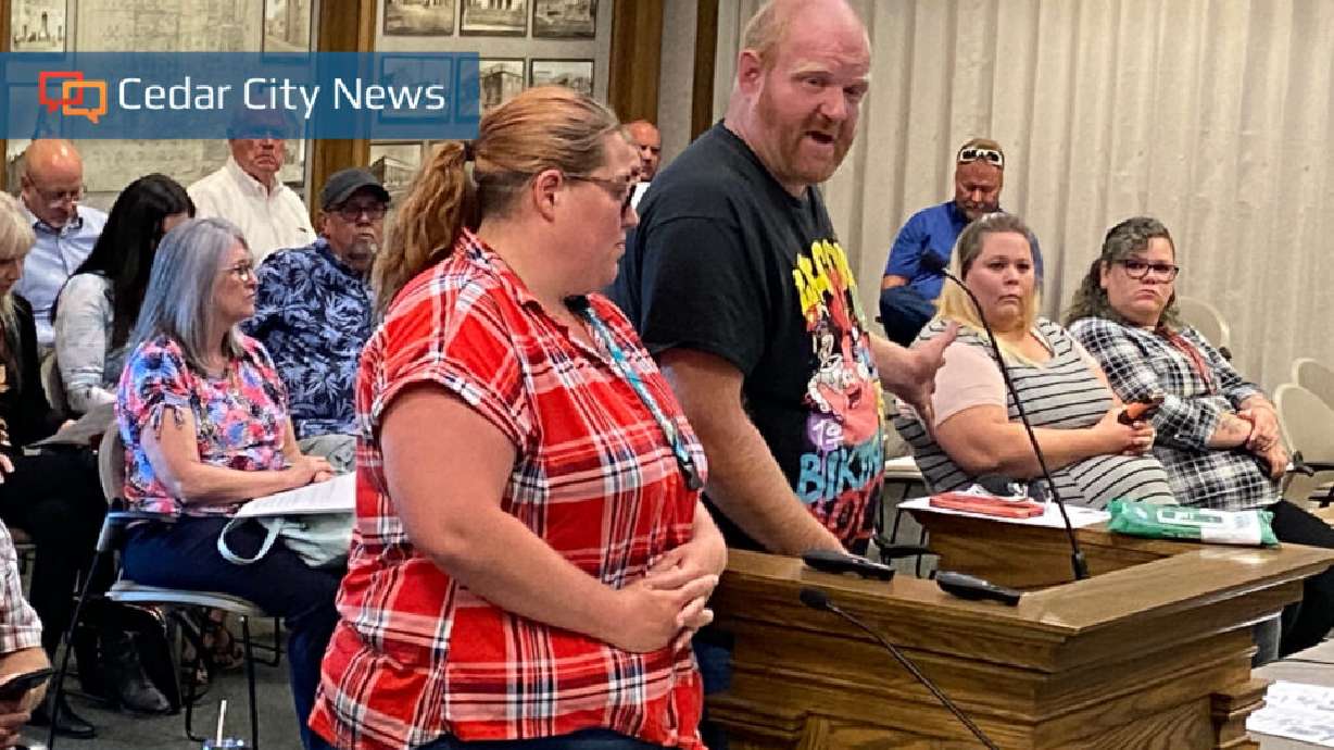 Enoch residents Rona (L) and Jamie Sherman (R) appear before the Cedar City Council to discuss its taxi cab ordinance, Cedar City, Utah, June 2, 2021.