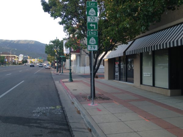 A sign indicating a path on the U.S. Bicycle Route System installed in Cedar City in 2016. Utah now has more than 500 miles of new bike route system following a plan approved earlier this year. It means more signs like this will be installed across the state.