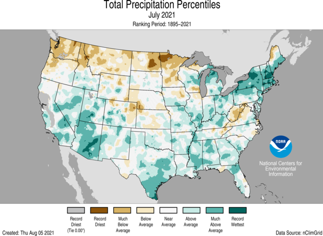 This map shows where there was above-average and below-average precipitation in July 2021. It shows southwest Utah had a much wetter than average July.