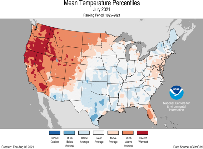 This map shows where there were above-average and below-average temperature in July 2021. Some parts of northern Utah broke records, but temperatures were generally above average across the state.