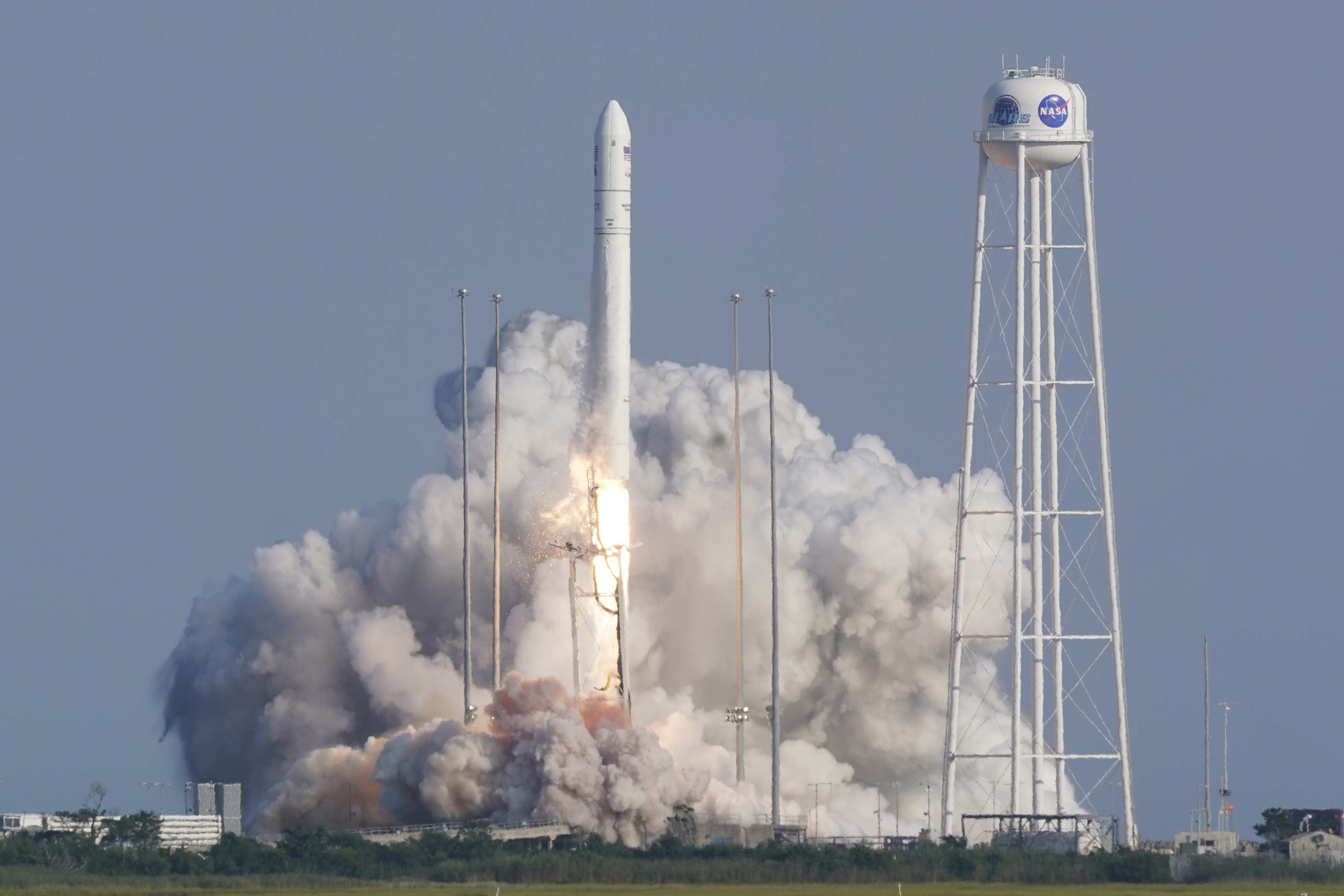 Northrop Grumman's Antares rocket lifts off the launch pad at the NASA Test Flight Facility Tuesday, Aug. 10, 2021, in Wallops Island, Virginia. The rocket carries a Cygnus space vessel that will deliver supplies to the International Space Station.