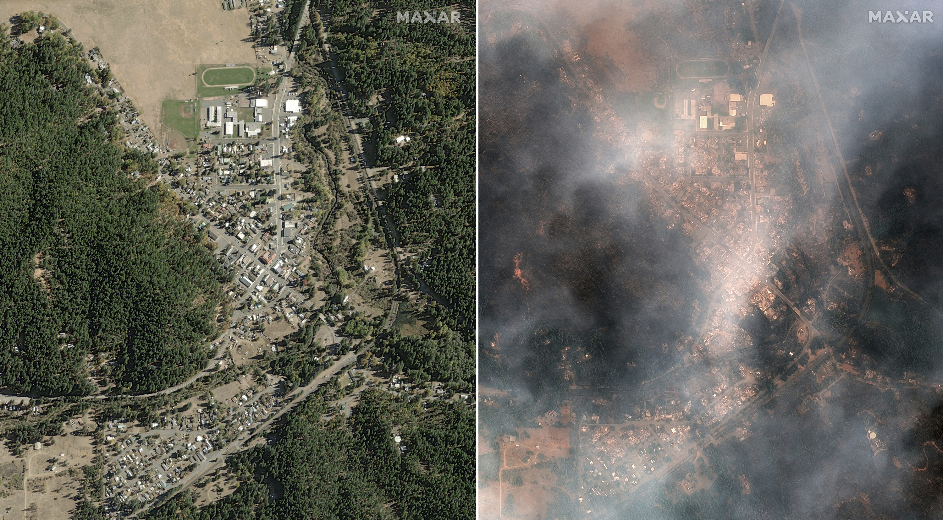 A satellite image shows Greenville, Calif., on Oct. 31, 2018, before the wildfires and Greenville, during the Dixie Wildfires on Monday, Aug. 9, 2021. California's largest single wildfire in recorded history is running through forestlands as fire crews try to protect rural communities from flames that have destroyed hundreds of homes.