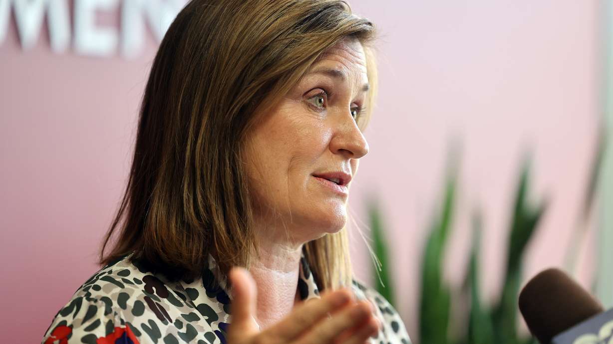 Salt Lake County Mayor Jenny Wilson discusses her intent to back a countywide mask mandate for children under age 12 in schools at the Salt Lake County Government Center in Salt Lake City on Tuesday.