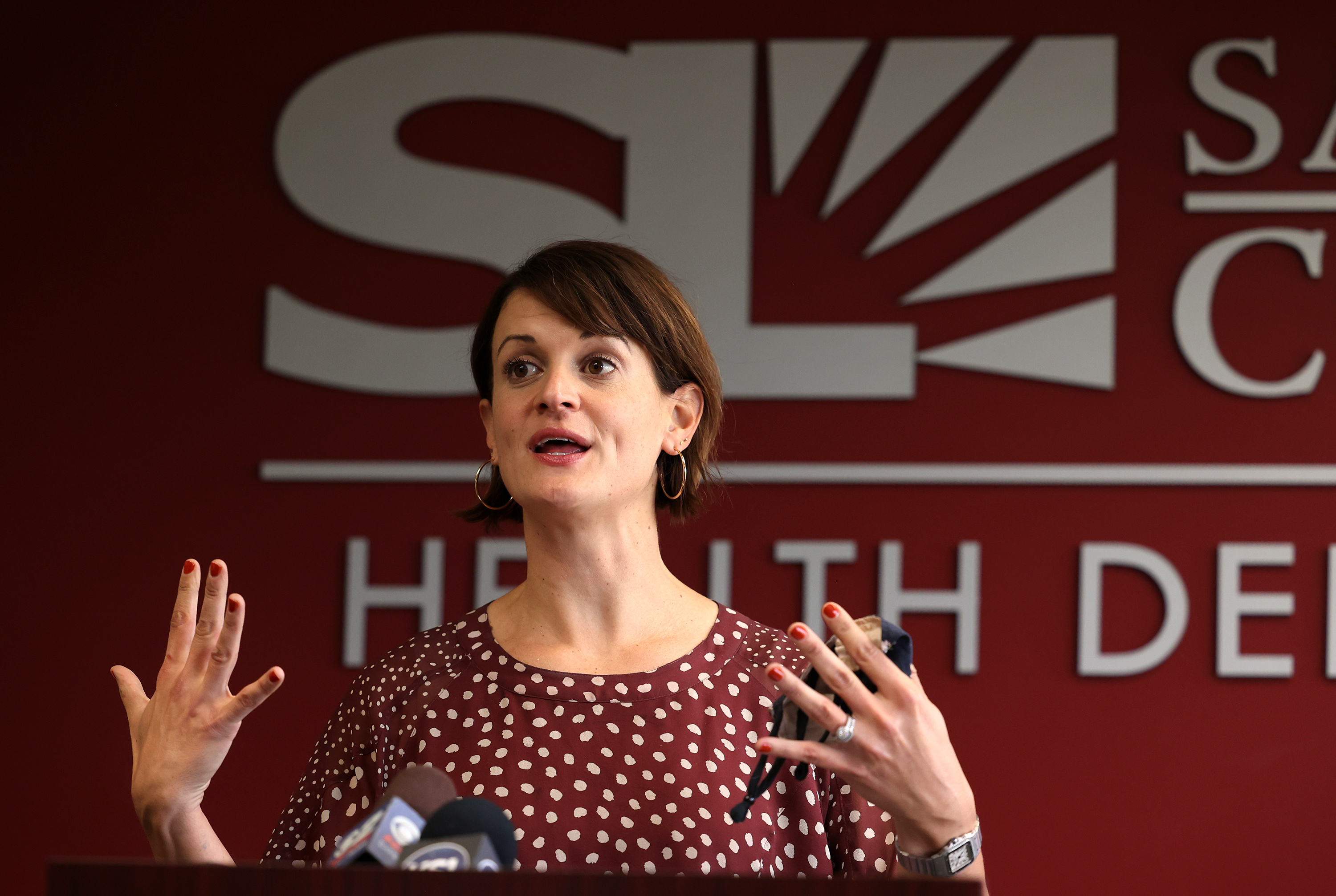 Dr. Angela Dunn, executive director of Salt Lake County Health Department, discusses schoolchildren and masks at the Salt Lake County Government Center in Salt Lake City on Tuesday. Children in the county under the age of 12 will be required to wear masks at school under an order of restraint to be issued by Dunn.