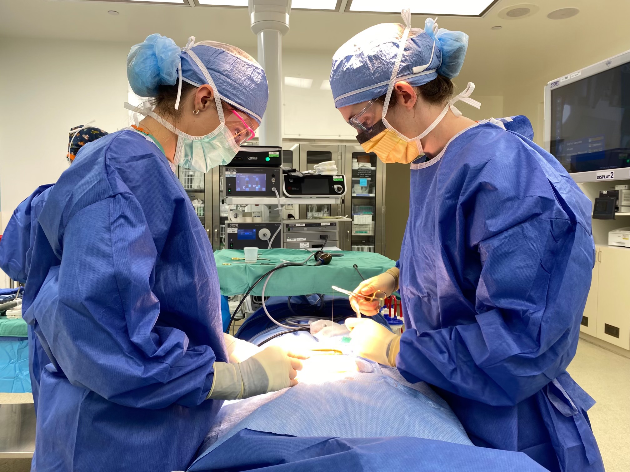 Drs. Hannah Wilcox, left, and Lauren McGuire, right, operate on a patient. They are women residents for the University of Utah Health's general surgical residency.