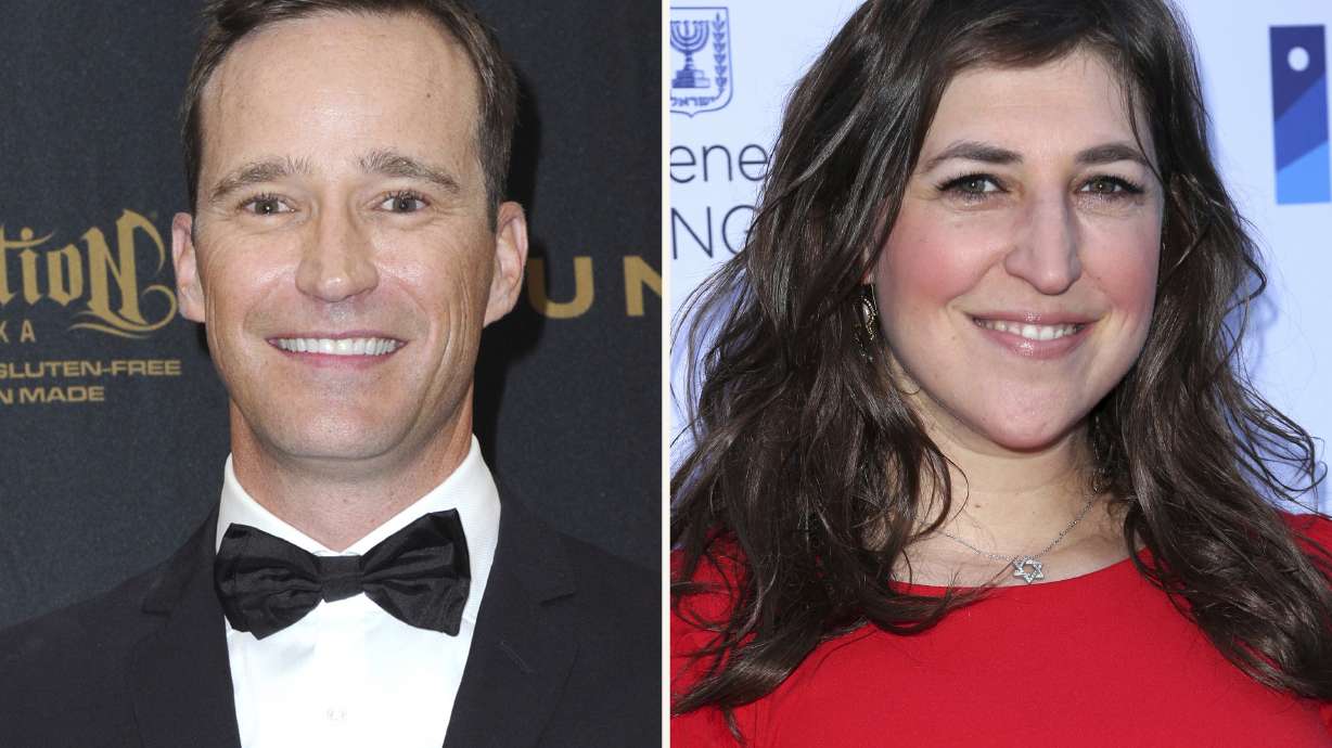 This combination photo shows Mike Richards, left, at the 43rd annual Daytime Emmy Awards on May 1, 2016, in Los Angeles and Mayim Bialik at a Celebration of the 70th Anniversary of Israel on June 10, 2018, in Los Angeles. Wednesday, the daily syndicated quiz show chose its executive producer as Alex Trebek’s successor.