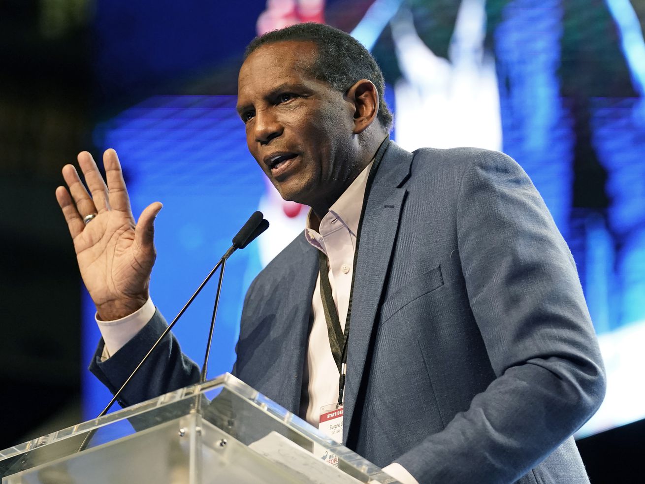 Rep. Burgess Owens addresses delegates attending the Utah Republican Party’s 2021 convention on May 1 in West Valley City. More than 100 House Republicans and Democrats, including Owens, urged the Department of Justice to investigate a social media platform dubbed the "paywall of porn”
for allegedly facilitating child sexual exploitation.
