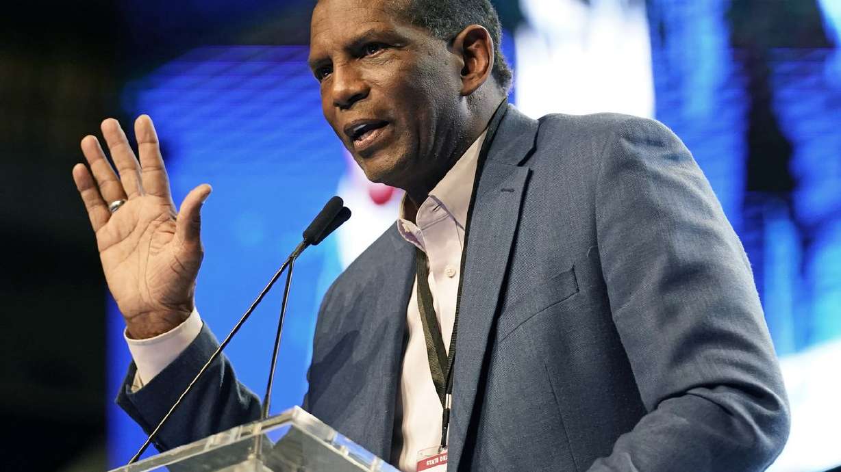 Rep. Burgess Owens addresses delegates attending the Utah Republican Party’s 2021 convention on May 1 in West Valley City. More than 100 House Republicans and Democrats, including Owens, urged the Department of Justice to investigate a social media platform dubbed the "paywall of porn”
for allegedly facilitating child sexual exploitation.