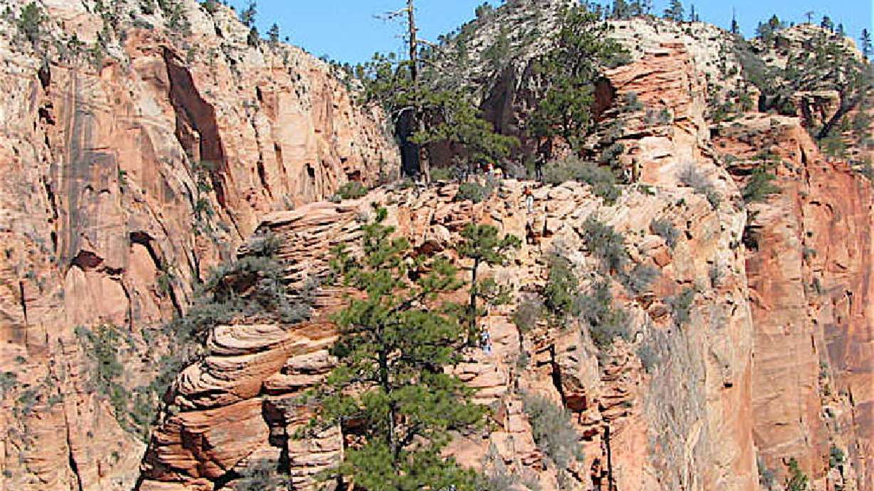 Hikers on the fin of Angels Landing on March 30, 2009. Hikers may need a reservation to hike the trail beginning in 2022.