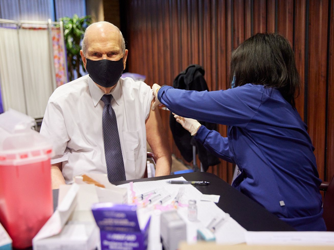 President Russell M. Nelson receives the first dose of the COVID-19 vaccine on Jan. 19 in Salt Lake City. On Thursday, the church's First Presidency again urged vaccination, saying vaccines are 'safe and effective.' The also encouraged the renewed use of masks in public meetings.