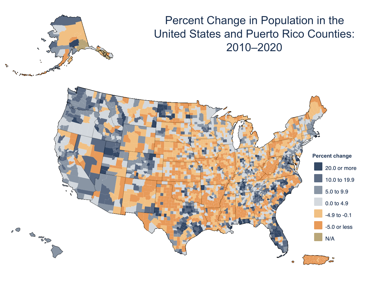 This map shows population percentage change among the 3,138 counties in the U.S. between the 2010 and 2020 censuses. Six of Utah's counties placed in the top 100 fastest-growing counties.