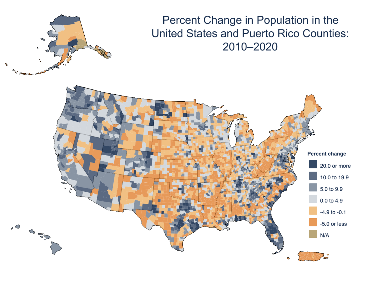 This map shows population percentage change among the 3,138 counties in the U.S. between the 2010 and 2020 censuses. Six of Utah's counties placed in the top 100 fastest-growing counties.