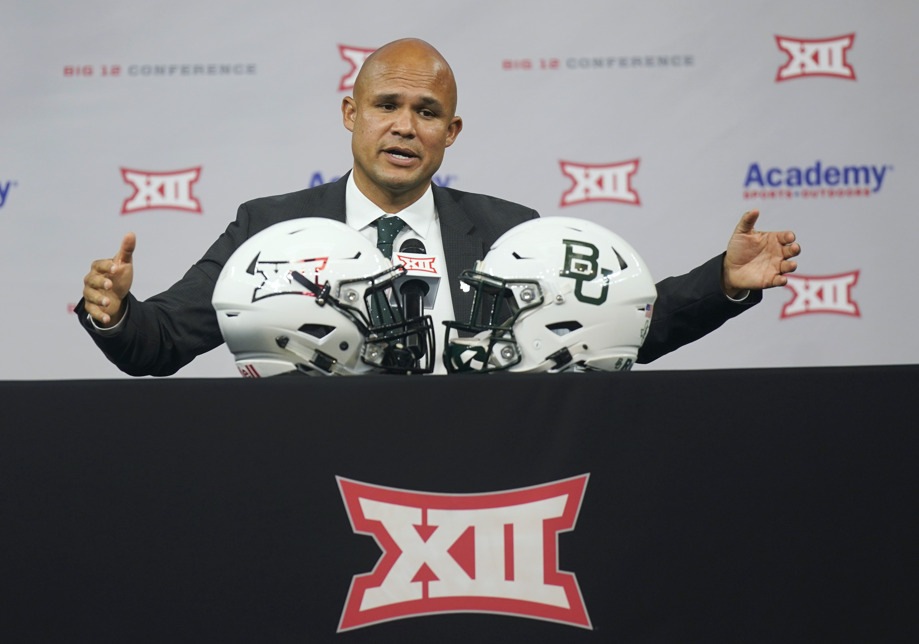 In this July 15, 2021, file photo, Baylor coach Dave Aranda speaks during the Big 12 football media days in Arlington, Texas. The Big 12 is expected to invite BYU, Cincinnati, Houston and UCF following a vote of league presidents and chancellors Friday, according to multiple reports. 
