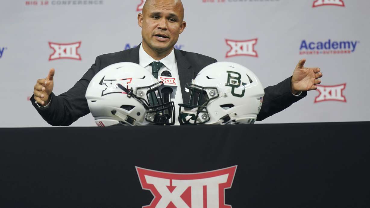 In this July 15, 2021, file photo, Baylor coach Dave Aranda speaks during the Big 12 football media days in Arlington, Texas. The Big 12 is expected to invite BYU, Cincinnati, Houston and UCF following a vote of league presidents and chancellors Friday, according to multiple reports.