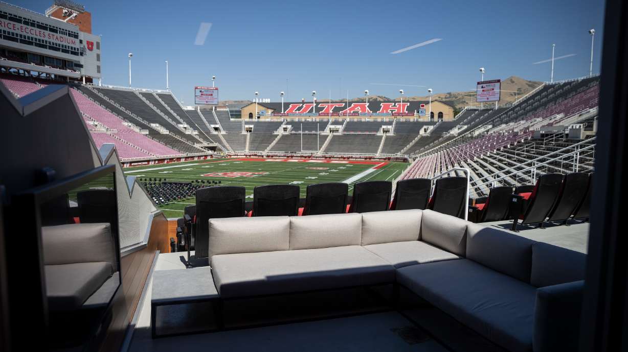 A suite in the new Ken Garff Red Zone overlooks the field at Rice-Eccles Stadium in Salt Lake City on Thursday, Aug. 12, 2021.