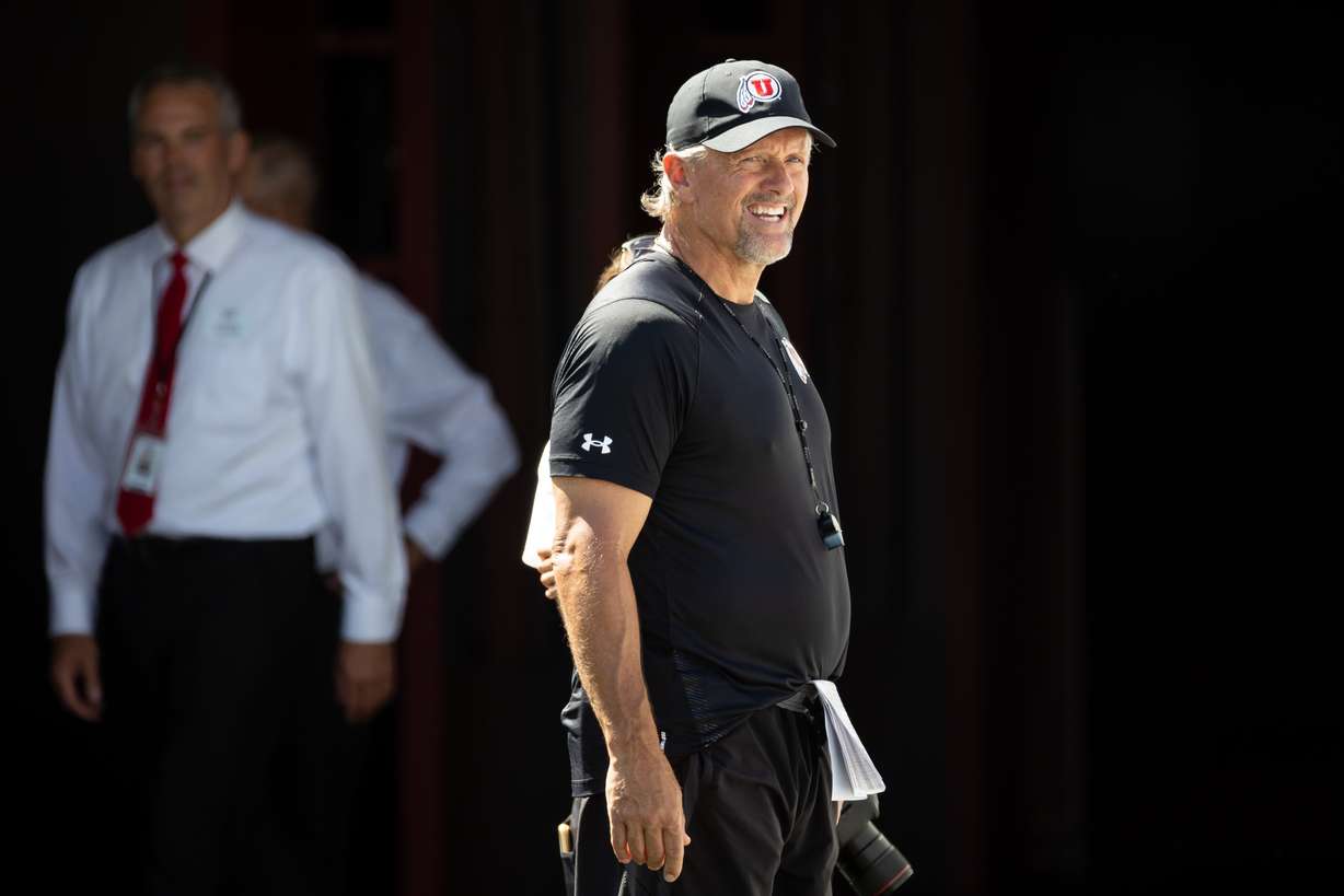 University of Utah football coach Kyle Whittingham watches the proceedings during the opening of the new Ken Garff Red Zone at Rice-Eccles Stadium in Salt Lake City on Thursday, Aug. 12, 2021.