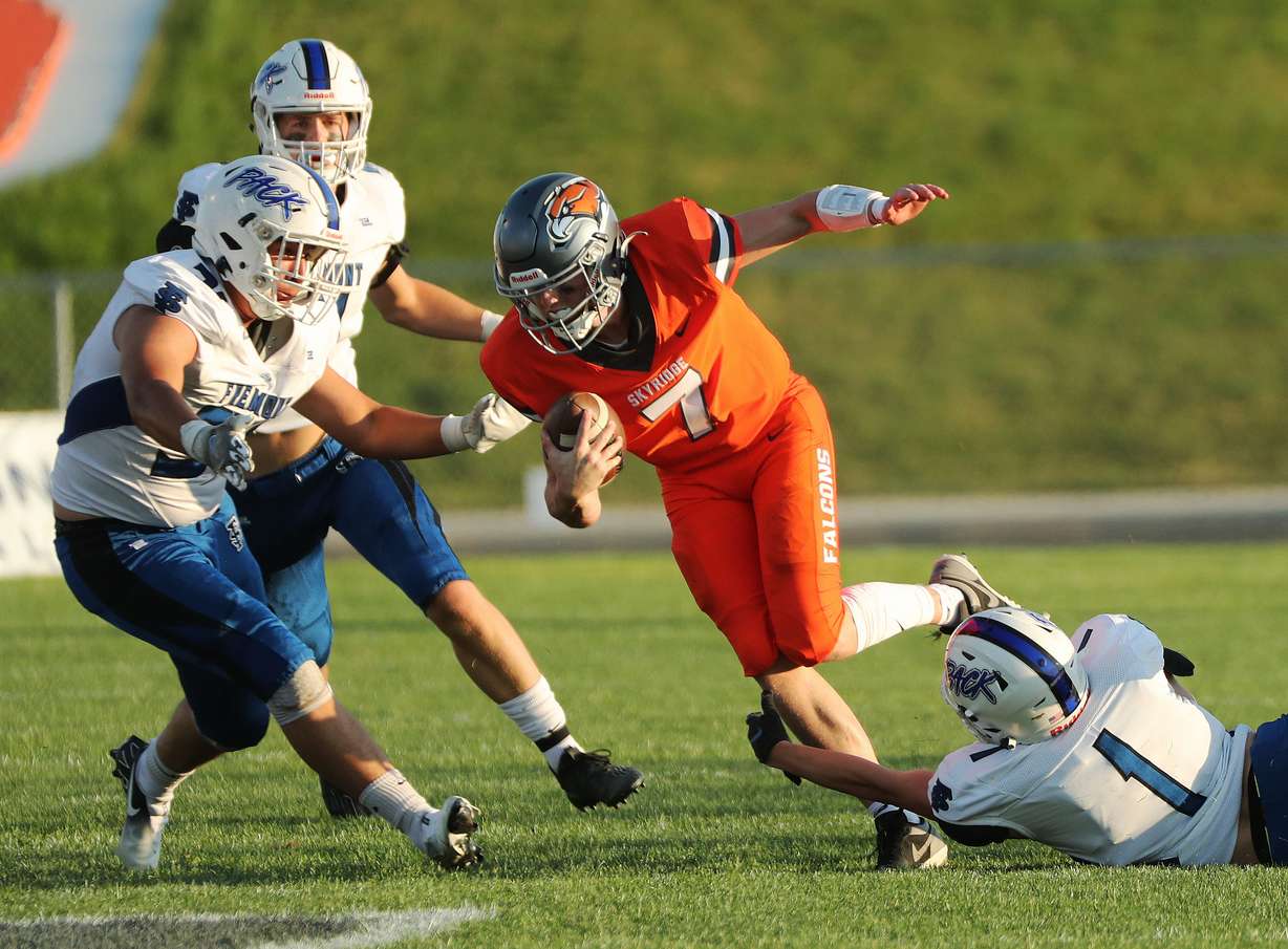 Skyridge QB McCae Hillstead runs against Fremont in Lehi on Thursday, Aug. 12, 2021.