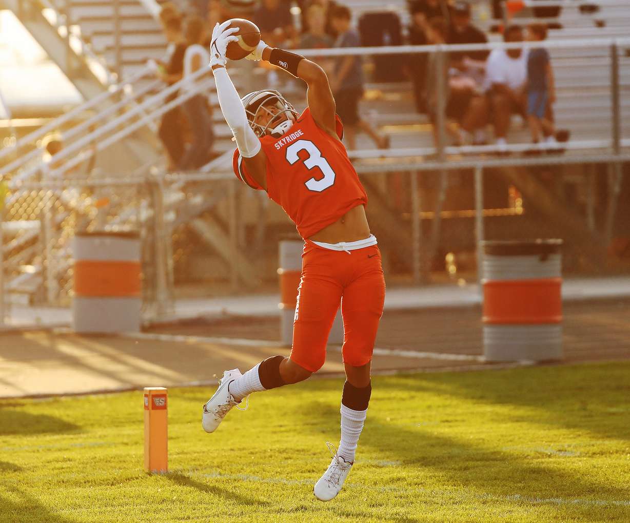 Skyridge's Smith Snowden (3) catches a touchdown against Fremont in Lehi on Thursday, Aug. 12, 2021.