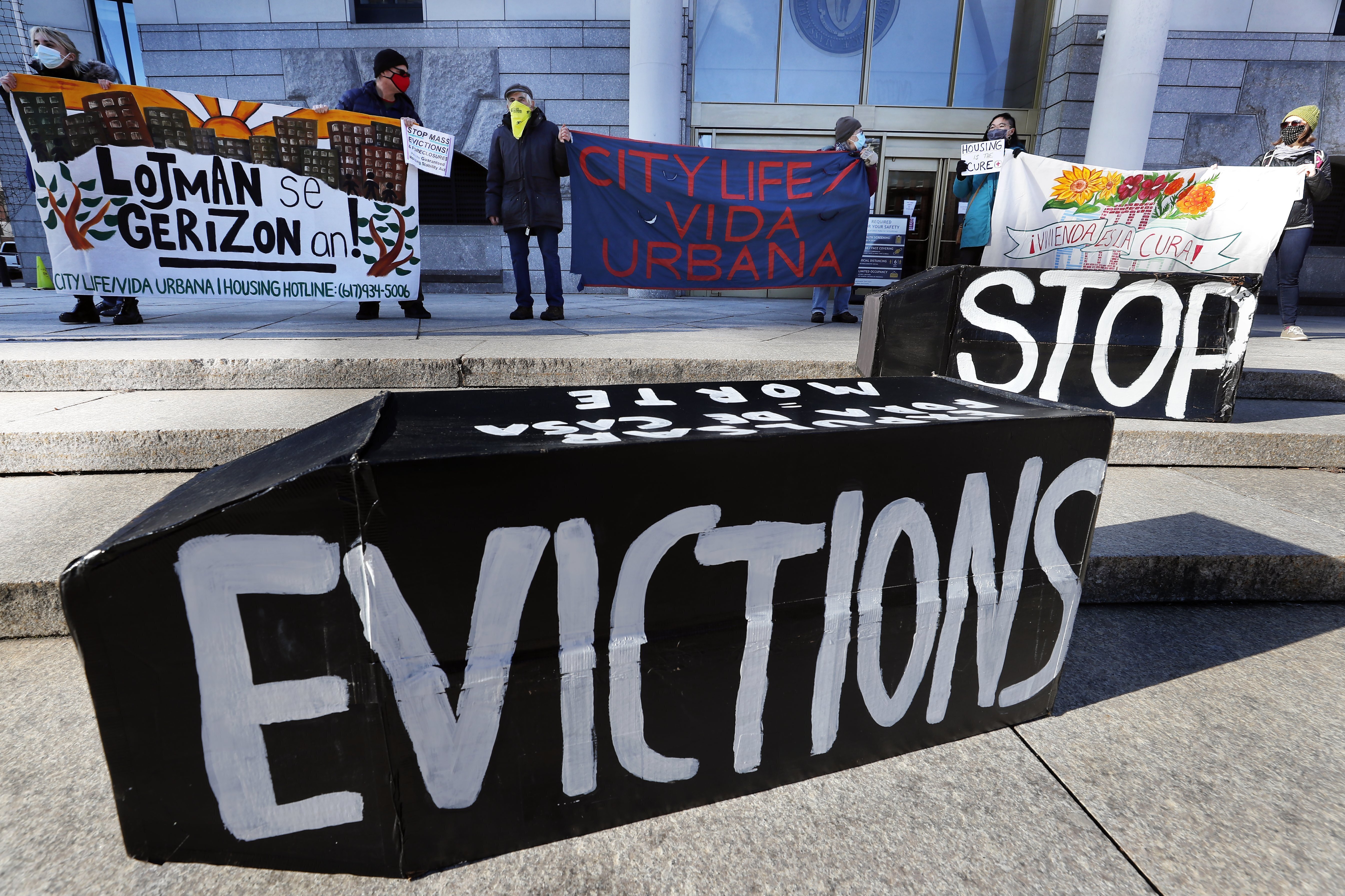 Tenants' rights advocates demonstrate in front of the Edward W. Brooke Courthouse in Boston Jan. 13, 2021. A federal judge who declared the earlier nationwide moratorium on evictions illegal is deeply skeptical of the Biden administration’s new order, but says she may lack the power to do anything about it. 