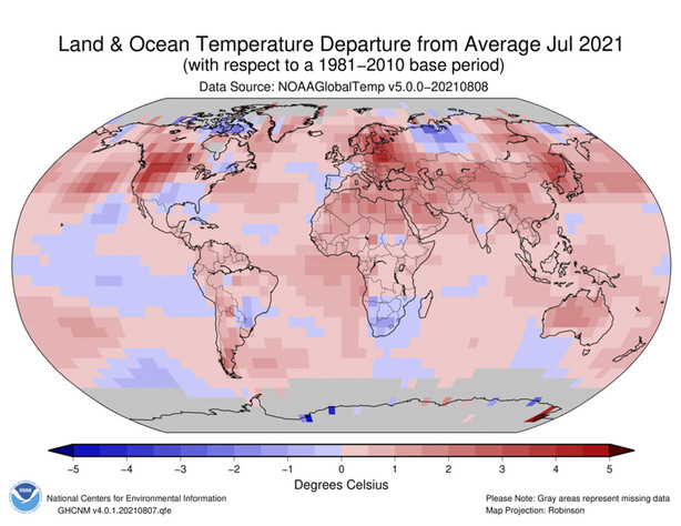 This image made available by the National Oceanic and Atmospheric Administration shows temperature differences from average values in July 2021 around the world. On Friday, U.S. weather officials said Earth in July was the hottest month ever recorded.