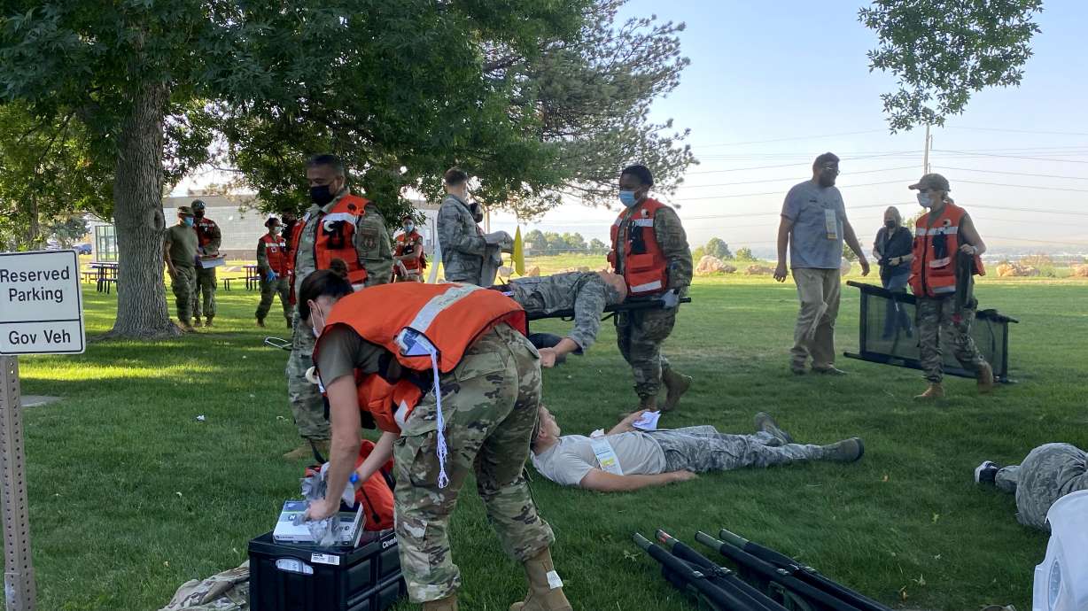Medical teams at Hill Air Force Base practice their response to a mass casualty event on Friday.