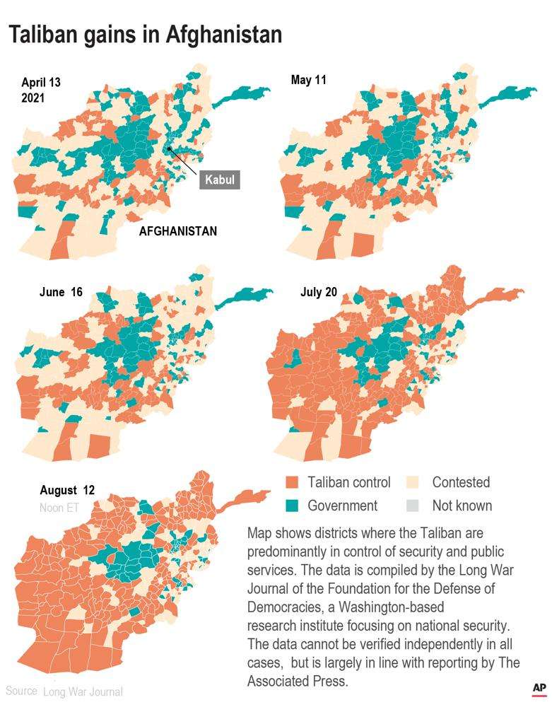Maps show areas controlled by Taliban at selected dates each month.
