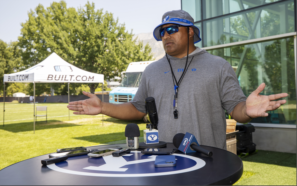 BYU head coach Kalani Sitake talks about the Cougars' new partnership with Built Brands, Friday, Aug. 13, 2021 in Provo.