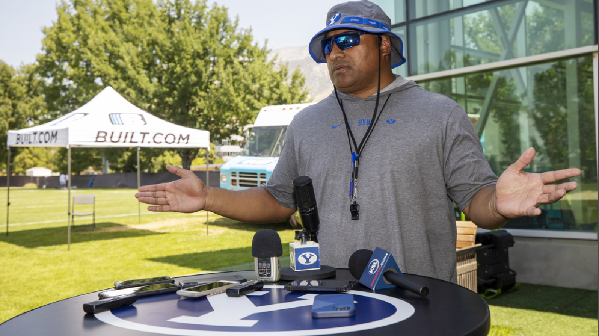 BYU head coach Kalani Sitake talks about the Cougars' new partnership with Built Bars, LLC, Friday, Aug. 13, 2021 in Provo.