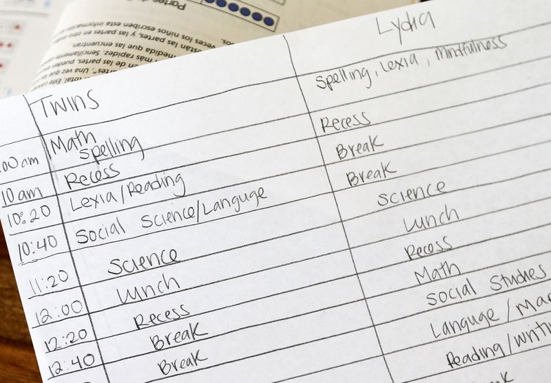 A schedule Melissa Seger worked out for home schooling
her three daughters — Lydia, 10, Vivian, 6, and Gwendolyn, 6 — is
pictured at their South Jordan home on Friday.