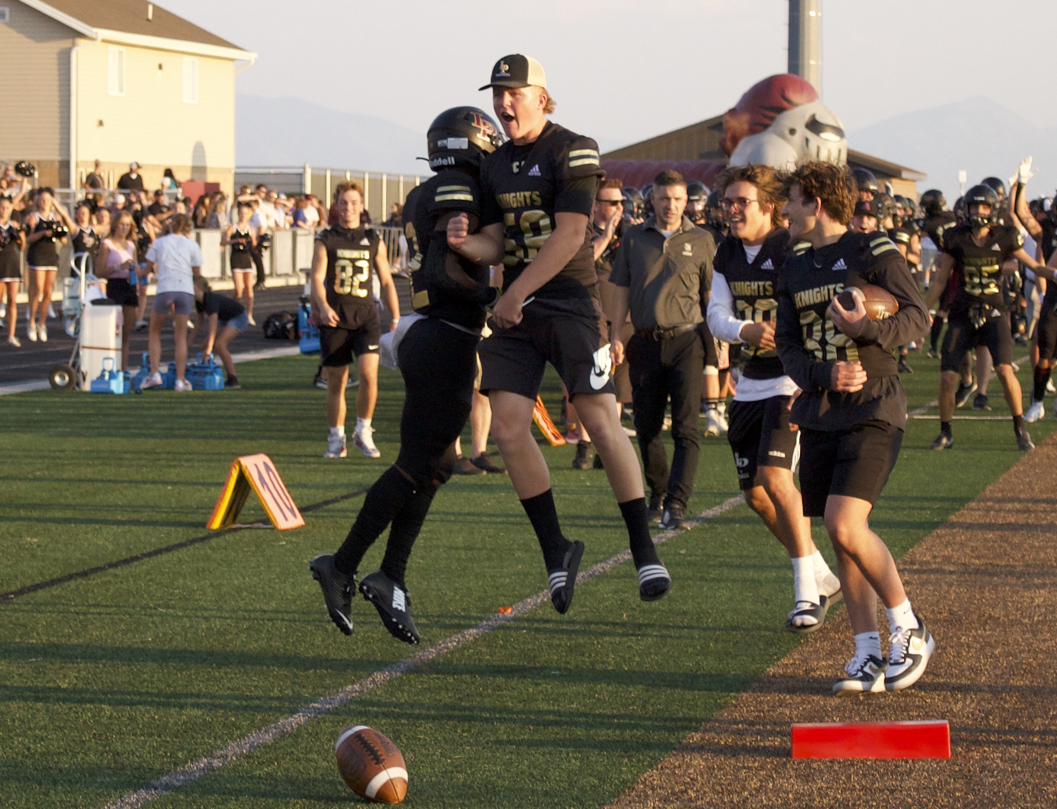 Lone Peak receiver Luke Hyde celebrates a touchdown pass during the Knights' 44-31 win over Timpview, Friday, Aug. 13, 2021 in Highland.