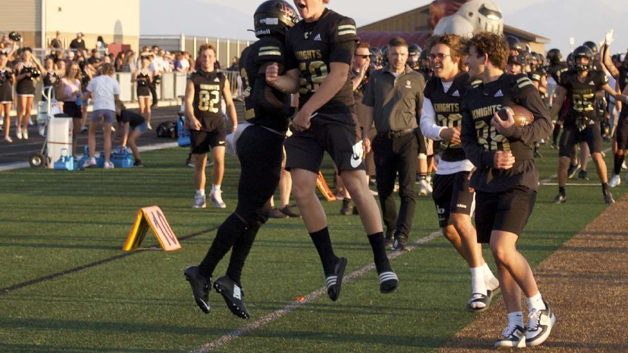 Lone Peak receiver Luke Hyde celebrates a touchdown pass during the Knights' 44-31 win over Timpview, Friday, Aug. 13, 2021 in Highland.