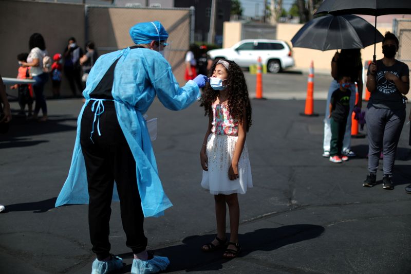 Alisson Argueta, 8, is given a COVID-19 test at a back-to-school clinic in South Gate, Los Angeles, California, on August 12, 2021.