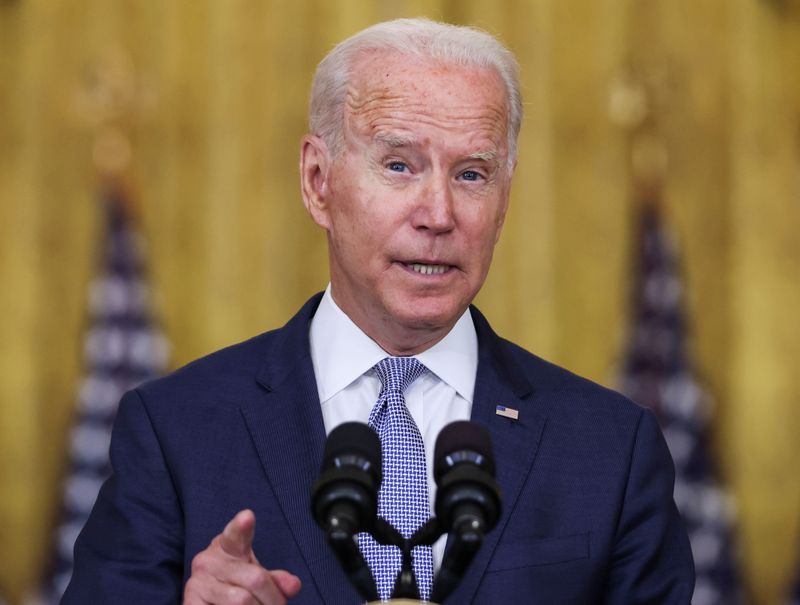 U.S. President Joe Biden discusses his 'Build Back Better' agenda in Washington, U.S., August 12, 2021. Biden said on Saturday that he had approved additional military forces to go to Kabul to help safely draw down the American embassy and remove personnel from Afghanistan.