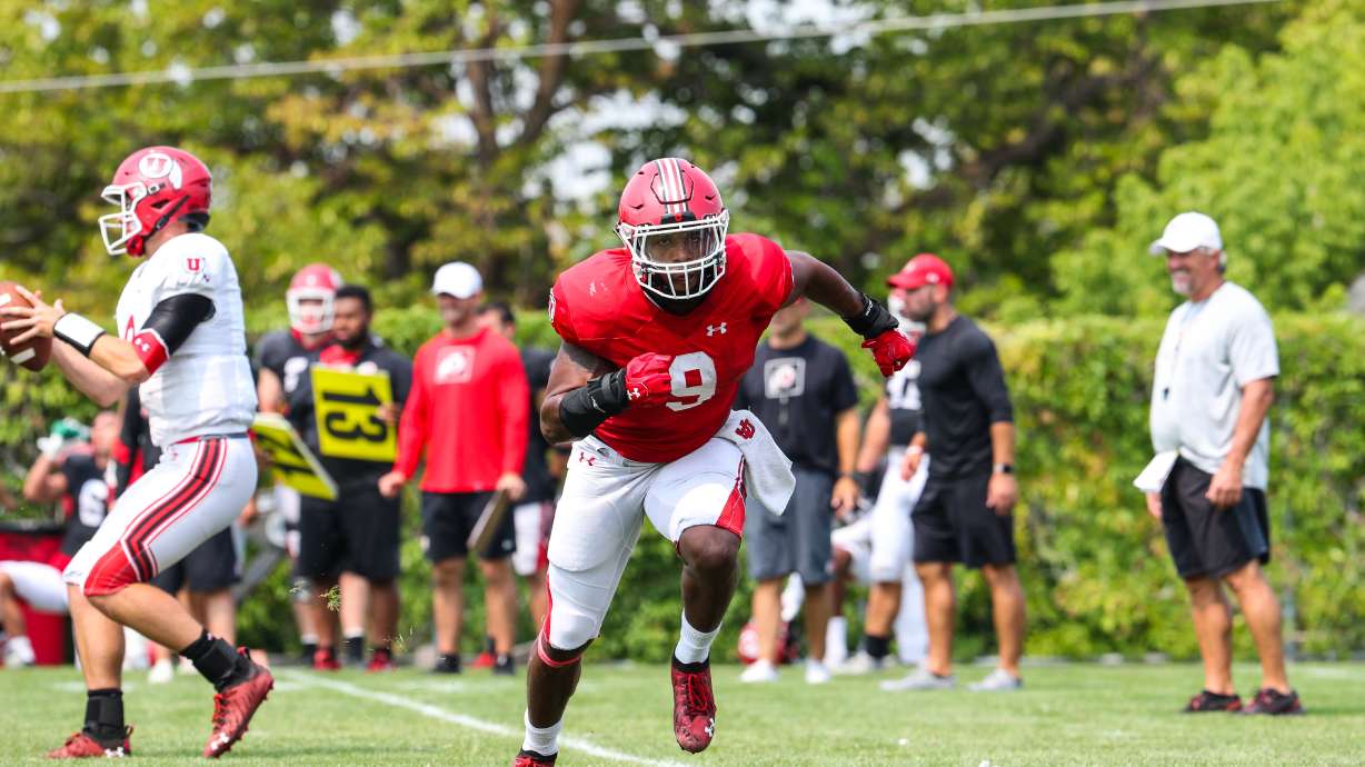 Utah running back Tavion Thomas (9) during a practice session at the program's training facility on Aug. 10, 2021.