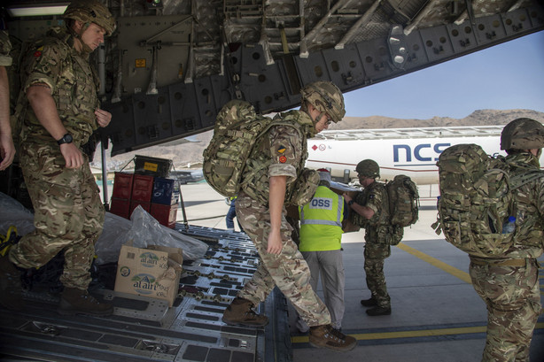 Members of the 16 Air Assault Brigade arrive on Sunday, Aug. 15, 2021, in Kabul as part of a 600-strong UK-force sent to assist with Operation PITTING to rescue British nationals in Afghanistan amidst the worsening security situation there.