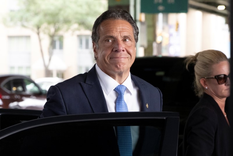 New York Gov, Andrew Cuomo arrives to depart in his helicopter after announcing his resignation in Manhattan, New York City, Tuesday, Aug. 10, 2021. Lawmakers in the New York State Assembly will issue a report on their investigation into Cuomo after abandoning an impeachment effort in light of his resignation over complaints of sexual harassment.