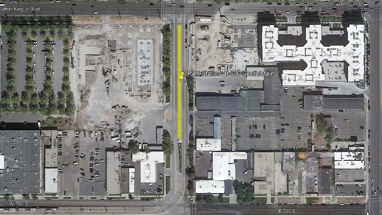This map shows where a new TRAX station will be located in downtown Salt Lake City. The station, located on Main Street near 600 South, is between the Courthouse and 900 South stations along the blue, green and red lines.